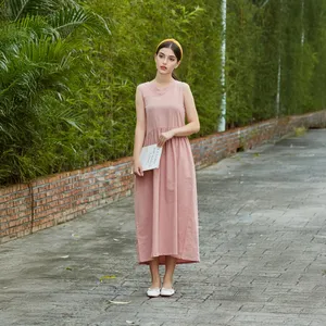 ชุดเดรสแม็กซี่ผ้าฝ้ายลินินสไตล์โบโฮสำหรับผู้หญิง แขนกุด สีชมพูอมเทา เนื้อผ้านุ่มพลิ้ว ชุดฤดูร้อน - Product Image 4