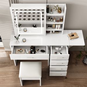 Fashionable <b>Makeup</b> <b>Vanities</b> Set with <b>Vanity</b> Desk Mirror Lights Open Shelf Chair - Product Image 2