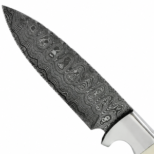 Cuchillo de Caza con Patrón Damasco, Mango de Marfil Negro, Guarda de Plata, Hoja Gris, Pernos Dorados, Hoja Fija, Herramienta Utilitaria para Camping y Actividades al Aire Libre - Product Image 4