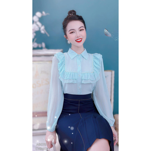 Blusa de Manga Larga para Mujer al por Mayor con Adorno de Perlas, Cuello de Solapa con Volantes, Botones Frontales, Elegante Camisa de Oficina para Venta al por Mayor - Product Image 6