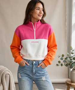 <b>Women's</b> Color Block <b>Quarter</b> <b>Zip</b> <b>Sweatshirt</b> Pink Orange White Stand Collar Cropped Pullover - Product Image 1