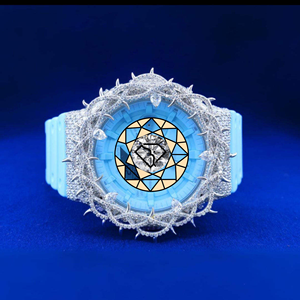 Blue <b>Silicone</b> Band Luxury Women's Stainless Steel Watch With Lab Diamond Encrusted Case Round Dial Analog Quartz Movement Watch - Product Image 1