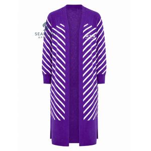Cárdigan largo con frente abierto para mujer NCNW, suéter morado con rayas blancas, puños acanalados, bordado y aberturas laterales - Product Image 1