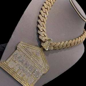 Collar con Colgante de Edificio Personalizado con Nombre, Cadena de Eslabones Cubanos Pesados, Joyería Hip Hop con Moissanita, Plata 925 Bañada en Oro Amarillo - Product Image 2