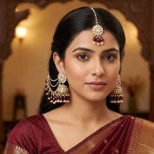 Jewelemarket Elegant Kundan Stone Beads Jhumki Earrings Maangtikka American Diamond Imitation Pearl Sets Model Number 10575457LP - Product Image 3