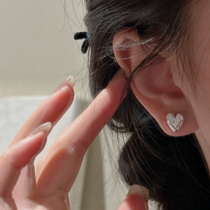 S925 Sterling <b>Silver</b> Korean Style Niche Design Textured Heart Basic <b>Stud</b> Earrings Simple Ear Jewelry - Product Image 4