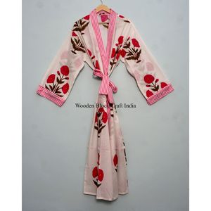Kimono Artesanal 100% Algodón Indio con Estampado Floral Bohemio, Cintura Ajustable con Lazos y Bolsillos, Estampado Serigrafiado, Túnica Casual de Longitud Media - Product Image 1