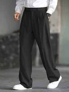 Pantalon large pour homme en sergé coupe décontractée, coupe ample, devant plat, fermeture boutonnée, style été, en polyester/coton écologique coupe-vent - Product Image 5