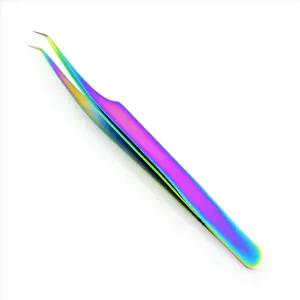 Professional Quality Eyelash Extension Tweezers Stainless Steel Multi Rainbow Plasma Coating 45 Degree Sharp Points 6 mm bend