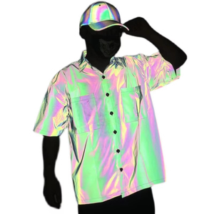 Men's Rainbow Holographic Short Sleeve <b>TShirt</b> Oversized Fit Street Style Foil Print Woven <b>Polyester</b> Casual Wear - Product Image 1