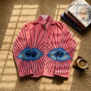 เสื้อแจ็คเก็ตขนสัตว์เทียมสีชมพูปักลายตาผู้หญิงเสื้อโค้ทกันหนาวลายการ์ตูนคอตั้ง - Product Image 4