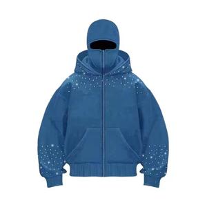 Sweat-shirt à capuche zippé en molleton 100% coton, orné de strass verts hivernaux, avec cache-visage intégré et manches longues, style décontracté, service OEM - Product Image 4