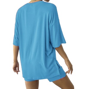 Conjunto de 2 Piezas de Algodón para Mujer, Camiseta de Manga Corta con Cuello Redondo y Pantalones Cortos con Cintura Elástica, Color Sólido Simple, Corte Holgado, Conjunto Casual de Verano - Product Image 5