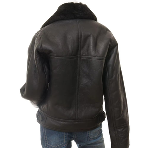 Women's <b>Genuine</b> Leather Shearling Moto Jacket With Fur Collar Zipper Closure Winter Outerwear - Product Image 3