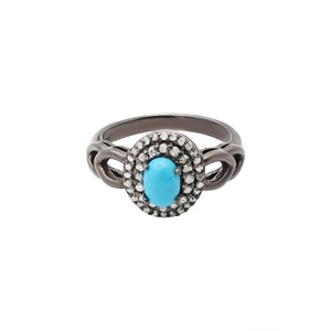 Bague double halo en argent sterling 925 massif oxydé avec turquoise naturelle ovale et diamants, bijoux fins, Memoria Jewels - Product Image 1