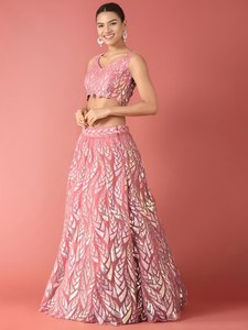Pink Sequin <b>Net</b> Lehenga Choli Set Dupatta Floral Embroidered Wedding Reception Outfit Women - Product Image 2