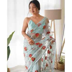 Sari de diseñador para mujer con hilo y bordado Zari Conjunto de Trabajo - Product Image 5