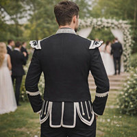 Veste doublette en laine noire avec design patchwork - Tunique uniforme écologique et antibactérienne pour écossais, bagpipeur et batteur - Multiples modèles