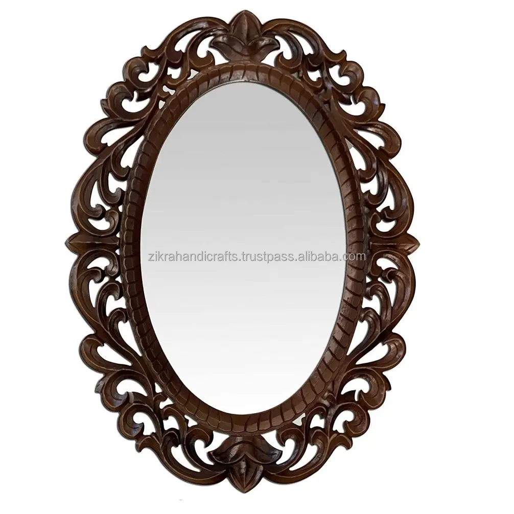 Oval Shaped Mirror Painted Finishing Natural Wooden Design Wall Mounted Classical Rustic Mirror Cheap Wooden Wall Arts