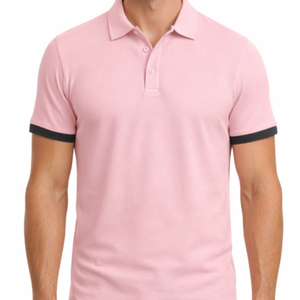 Polo décontracté pour homme rose et gris foncé à manches courtes, coupe ajustée, avec bordure contrastante grise aux poignets, très demandé - Product Image 2