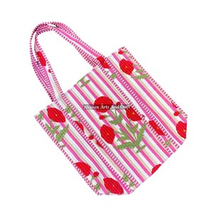 Block Printed Quilted Cotton Down Padded Womans Bobo Tote Bag <b>Big</b> Square Design Shopping <b>Purse</b> For Female Simple Shoulder Bag - Product Image 3
