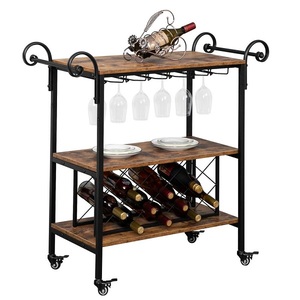Black Metal Two Tier Trolly Restaurant Living Room Decorative Metal 4 <b>Wheels</b> Moving Trolly Wooden Vintage Bar Cart - Product Image 5