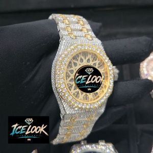 ICE LOOK นาฬิกาข้อมือผู้ชายสแตนเลสทรงกลม 40 มม. นาฬิกาควอทซ์แบบแอนะล็อก ประดับโมอิสซาไนต์ สายสีทอง ปุ่มกดแบบซ่อน - Product Image 3