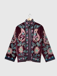 Velvet Floral Embroidered Jacket Mandarin Collar Full Sleeve Plus Size Women's <b>Winter</b> Wear Elegant Style - Product Image 2