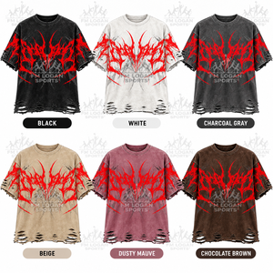เสื้อยืดกราฟิกทรงปกติแบบดิสเทรส 100% ผ้าฝ้าย สตรีทแวร์ สีแดงล้วน ชายเสื้อฉีกขาด เป็นมิตรกับสิ่งแวดล้อม ระบายอากาศได้ดี แห้งเร็ว - Product Image 5