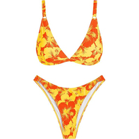Set Bikini Wanita Hibiscus Kuning Neon Baju Renang Oranye Cerah Dua Potong Pakaian Mandi Seksi Berbantalan Pakaian Pantai Bermotif Bunga