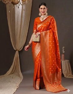 Sari de Seda Pura Banarasi Tejido para Mujer KV, con Blusa Sin Coser (Naranja) - Product Image 1