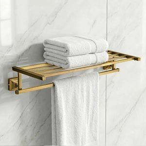 Porte-serviettes mural moderne en laiton avec étagère pour salle de bain, support fixe pour serviettes, organisateur - Product Image 1