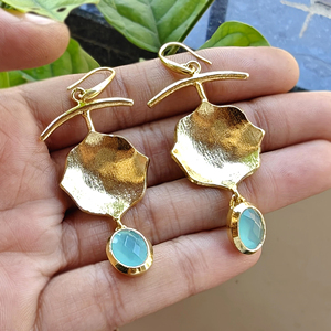 Modern abstract <b>earring</b> oval cut aqua chalcedony gemstone <b>dangle</b> drop <b>earring</b> 18k <b>gold</b> plated brushed finish texture <b>earrings</b> - Product Image 6