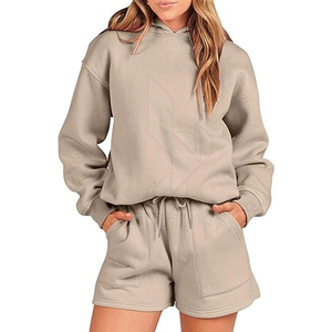 Ensemble sweat-shirt à capuche gris pour femme, manches longues, couleur unie, tricot en coton, short, tenue décontractée printemps-été - Product Image 2