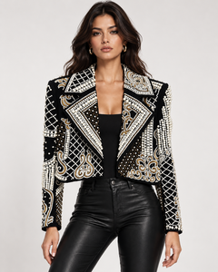 Chaqueta corta bordada con cuentas para mujer, cuello de solapa, manga larga, prendas de abrigo informales de punto para otoño - Product Image 1