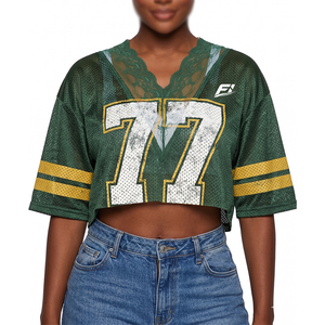 Women's <b>Mesh</b> <b>Crop</b> Jersey V Neck Lace Trim Short Sleeve Relaxed Fit Casual Fashion <b>Top</b> Custom Logo Soft Fabric women's shirt - Product Image 1