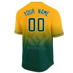 SPARKWELL Baseball Jersey Unisex Gradient Yellow Green Short <b>Sleeve</b> Button Front Letter Print Casual Spring 100% Polyester - Product Image 2