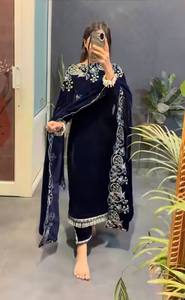 Premium Pure Heavy Viscose Velvet Embroidered Kurta <b>Pant</b> Set With <b>Sequins</b> Work Designer Dupatta Festive Ethnic Wear - Product Image 3