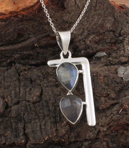 Pendentif vintage fait main en labradorite, paire, argent 925, double pierre, charmes bohèmes en pierres précieuses, unisexe, cristal ethnique, serti en bezel - Product Image 2