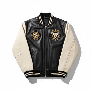 Chaqueta Varsity de Cuero Genuino Negro para Hombre, Diseño con Parche Bordado de León, Cuello Alto, Cierre de Cremallera, Estilo Casual - Product Image 1