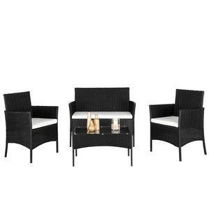 Set di Mobili da Giardino: 2 Sedie con Braccioli in Rattan Nero, 1 Divanetto e Tavolino in Vetro Temperato - Product Image 1