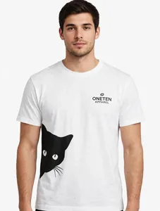 T-shirt blanc à manches courtes pour homme Oneten Apparel avec motif de dessin animé noir et logo en lettres sur le devant, 100% coton respirant, décontracté - Product Image 4