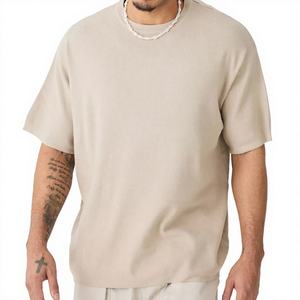 T-shirt décontracté en coton tricoté beige crème à col rond et manches courtes pour homme, coupe oversize, mode estivale, personnalisable avec logo OEM ODM, vente en gros - Product Image 1