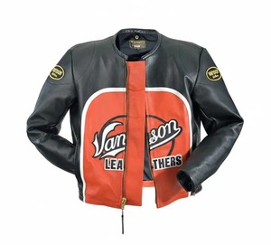 Chaqueta de cuero de vaca Vanson para carreras – Chaqueta estilo motociclista negra y naranja - Product Image 2
