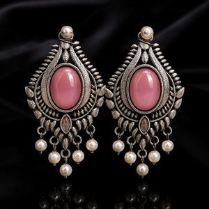 Boucles d'oreilles pendantes ethniques bohèmes classiques en argent antique oxydé avec zircon rose taille ovale, vente en gros, fournisseur en vrac, cadeau pour femme - Product Image 1