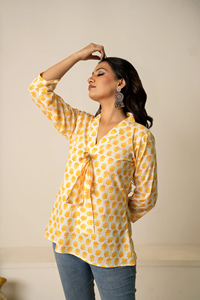 Sukoon Dotty <b>Yellow</b> Hand Block Printed Cotton Tunic Top for Women with <b>Tie</b>-Up Neck | Casual Summer Wear Wholesale Export - Product Image 4
