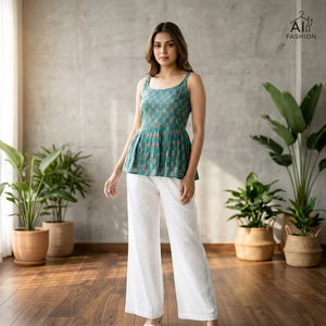 Women's <b>Green</b> Printed Cotton <b>Crop</b> <b>Top</b> With Pleated Hem Casual Loose Fit Summer Wear India Pakistan Style - Product Image 1