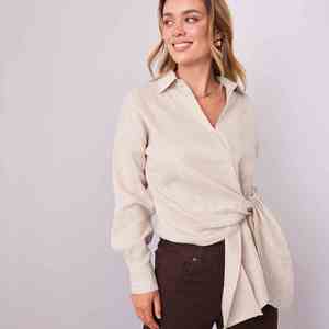 Chemise Courte Décontractée d'Été pour Femme 100% Lin, Coupe Ample, Col Rond, Boutonnée, Manches Longues, Couleur Unie, Respirante, en Coton et Lin - Product Image 5