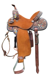Silla de montar western de cuero pintado con diseño de plumas y flechas para carreras de barriles, portátil, duradera, tamaños personalizados, logotipo personalizado - Product Image 2
