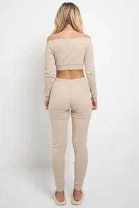 Conjunto de Pantalones y Top Corto de Manga Larga con Hombros Descubiertos para Mujer EVERGLOW, Color Negro Sólido, Estilo Casual, Corte Regular, 100% Algodón - Product Image 2